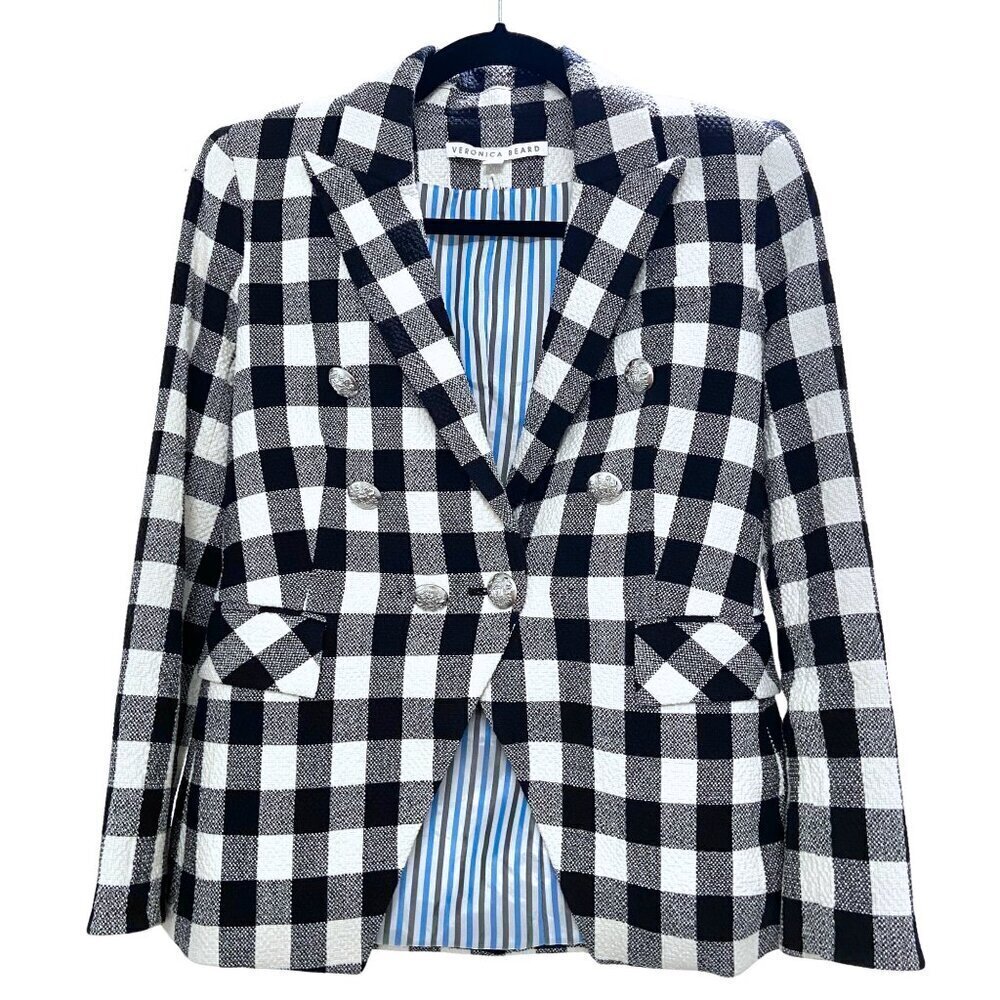 Veronica Beard Miller Dickey Tweed Blazer Black White Gingham Double Breast Sz 0 - Picture 5 of 15